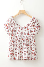 Floral Ruched Cinched Short Sleeve Blouse
