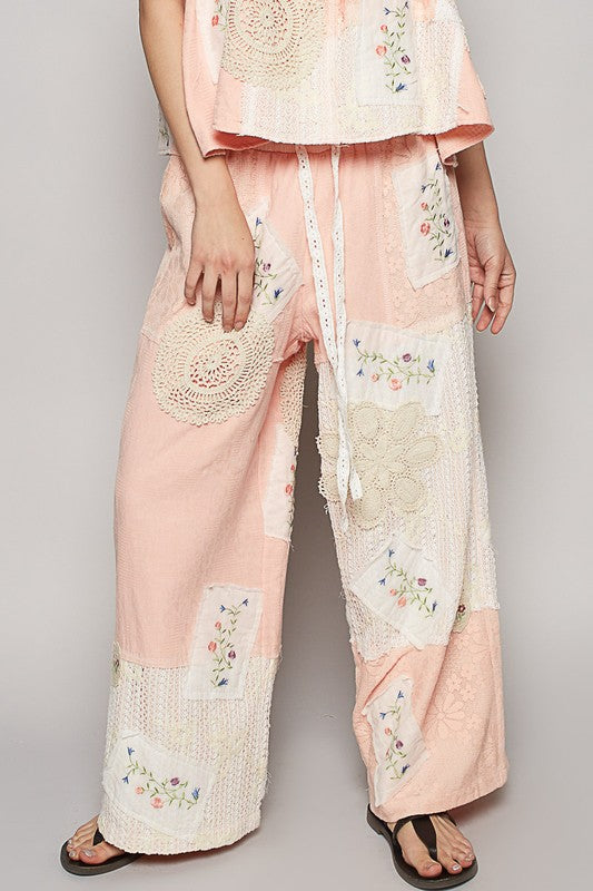 POL Embroidered Drawstring Lace Patch Wide Leg Pants - felvior