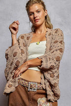 POL Openwork V-Neck Chenille Cardigan with Contrast Floral