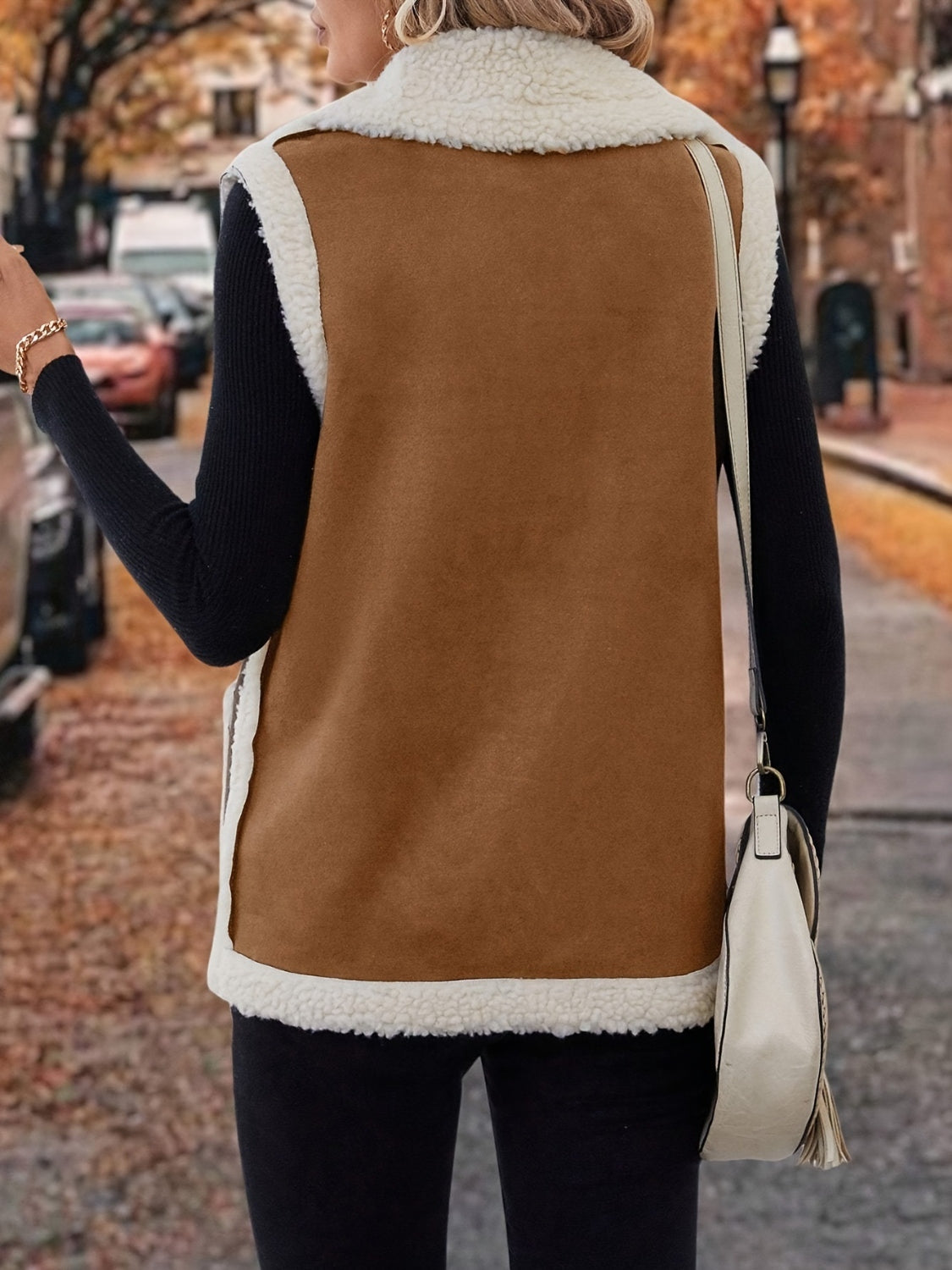 Full Size Contrast Open Front Sherpa Vest Coat - felvior