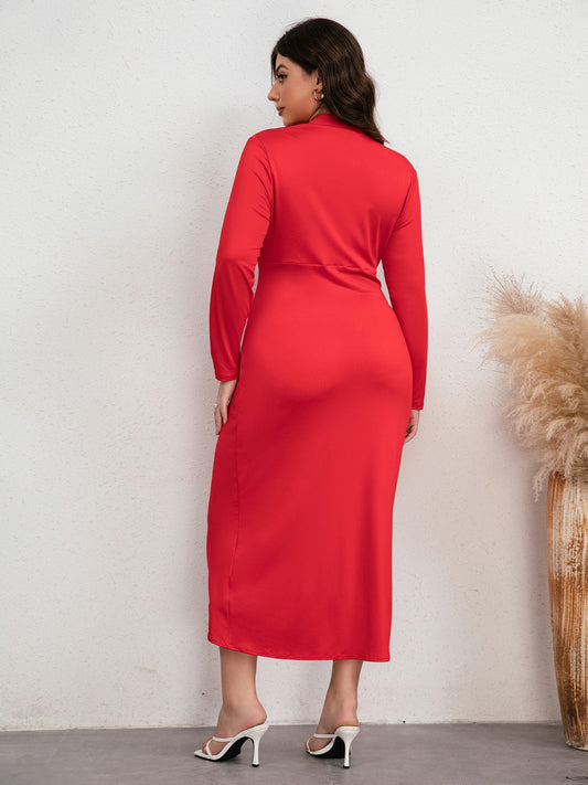 Plus Size Plunge Ruched Slit Dress - felvior