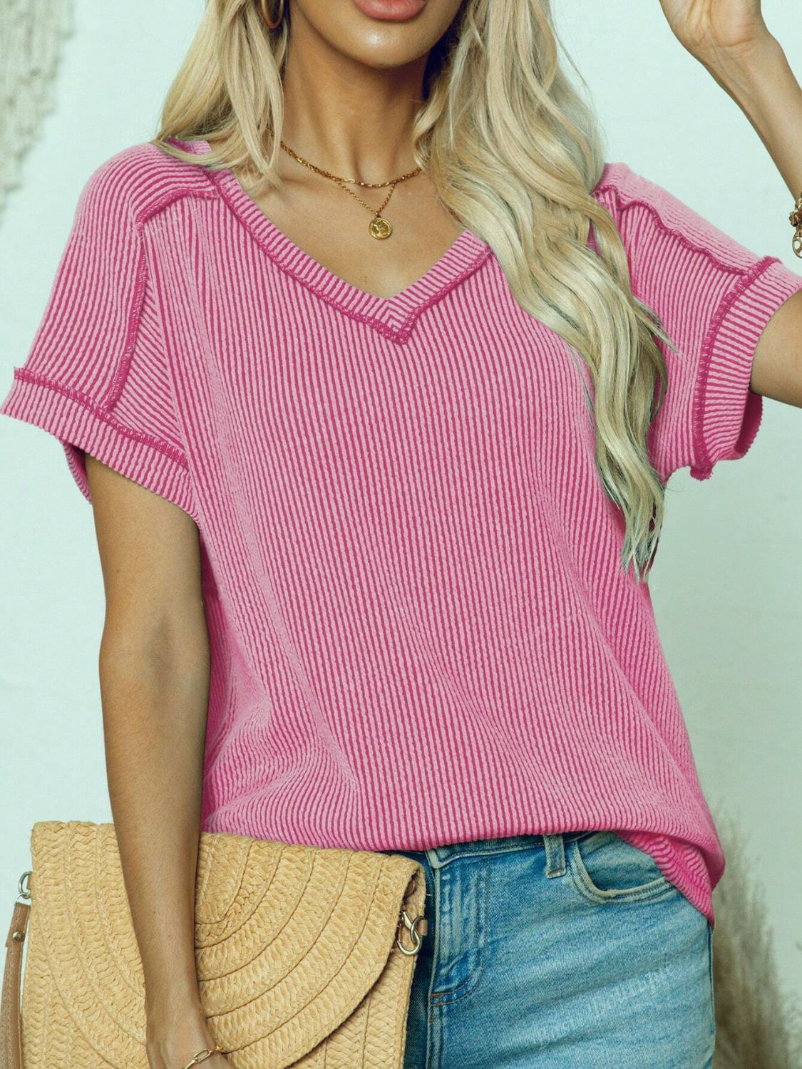 Exposed Seam V-Neck Short Sleeve Top - felvior