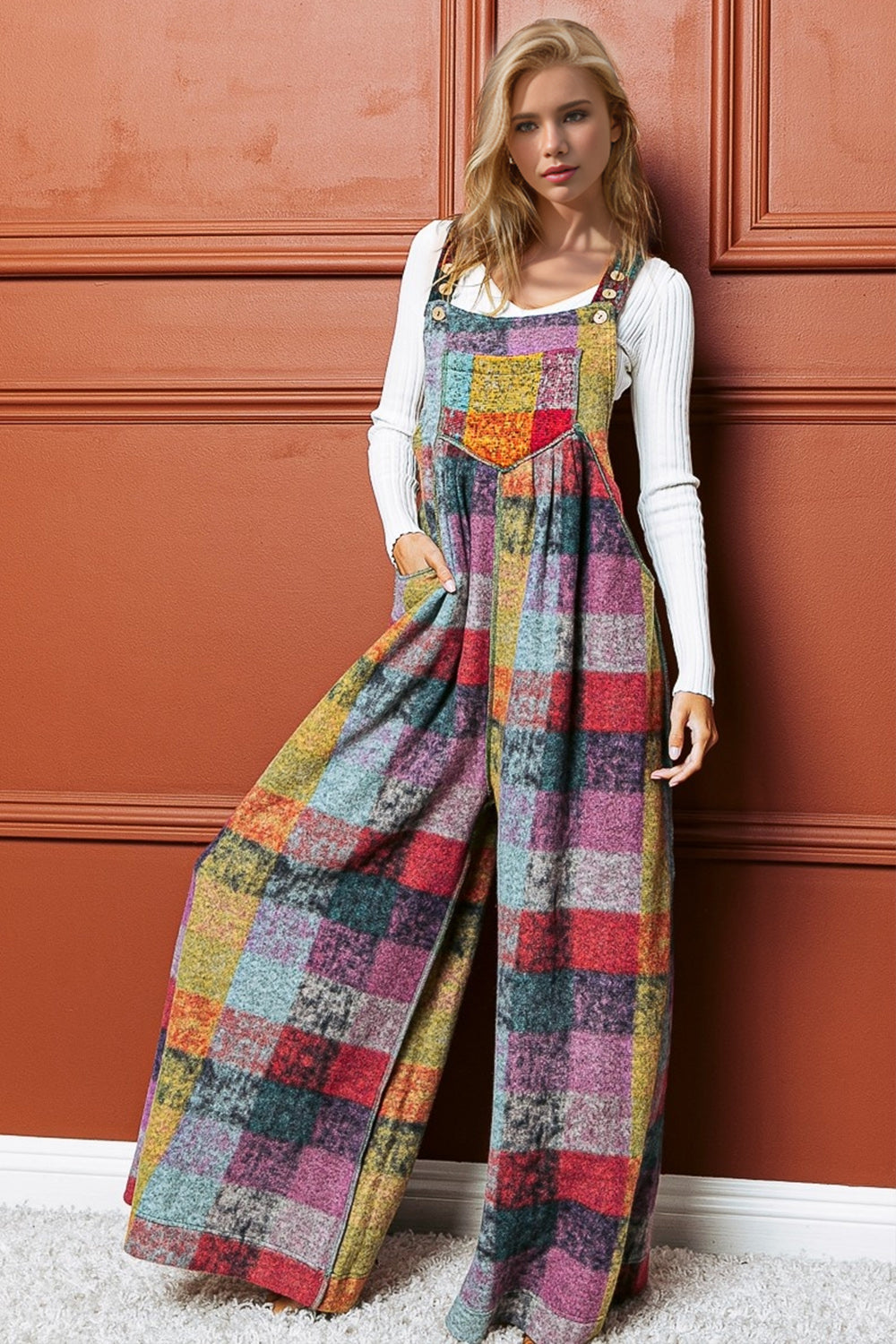 Double Take Full Size Plaid Sleeveless Fleece Wide Leg Jumpsuit - felvior