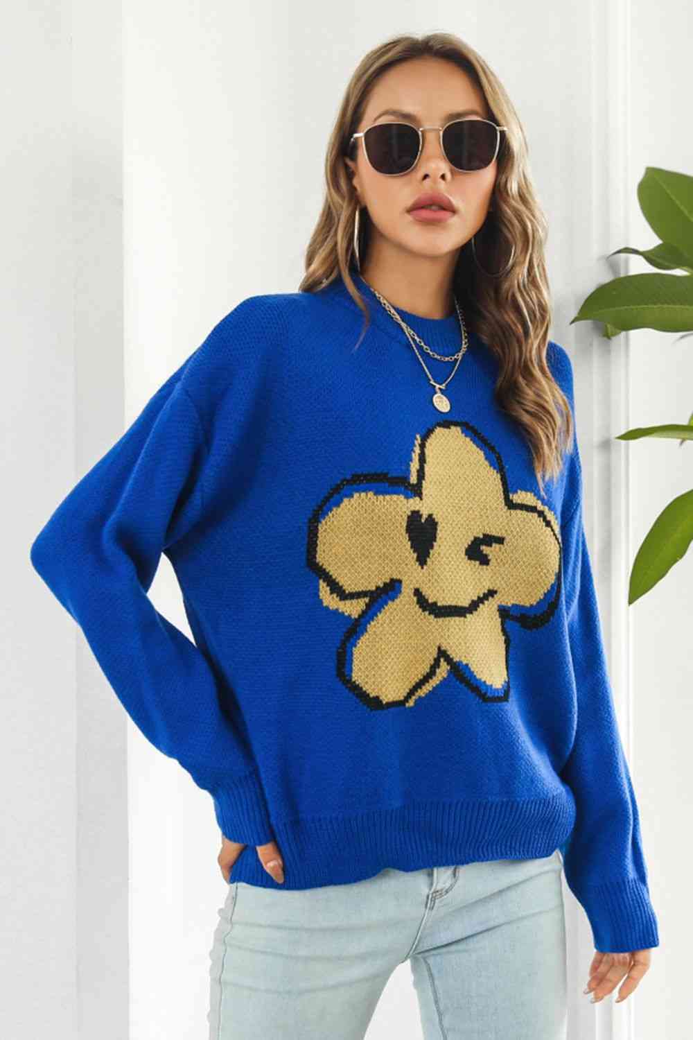 Flower Graphic Drop Shoulder Sweater - felvior