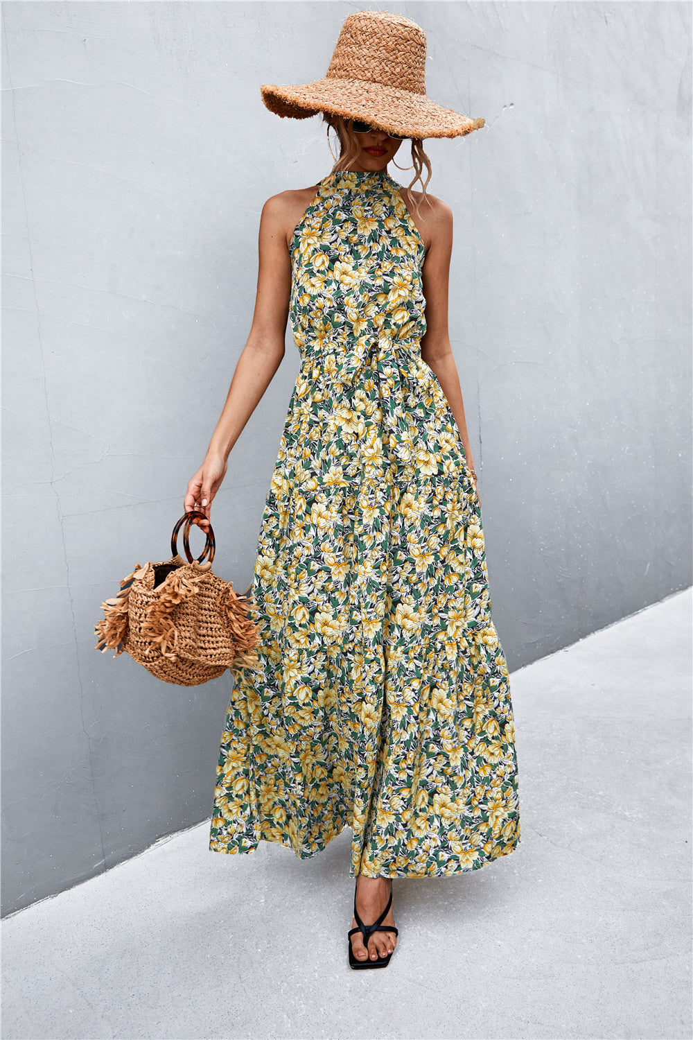 Printed Sleeveless Tie Waist Maxi Dress - felvior