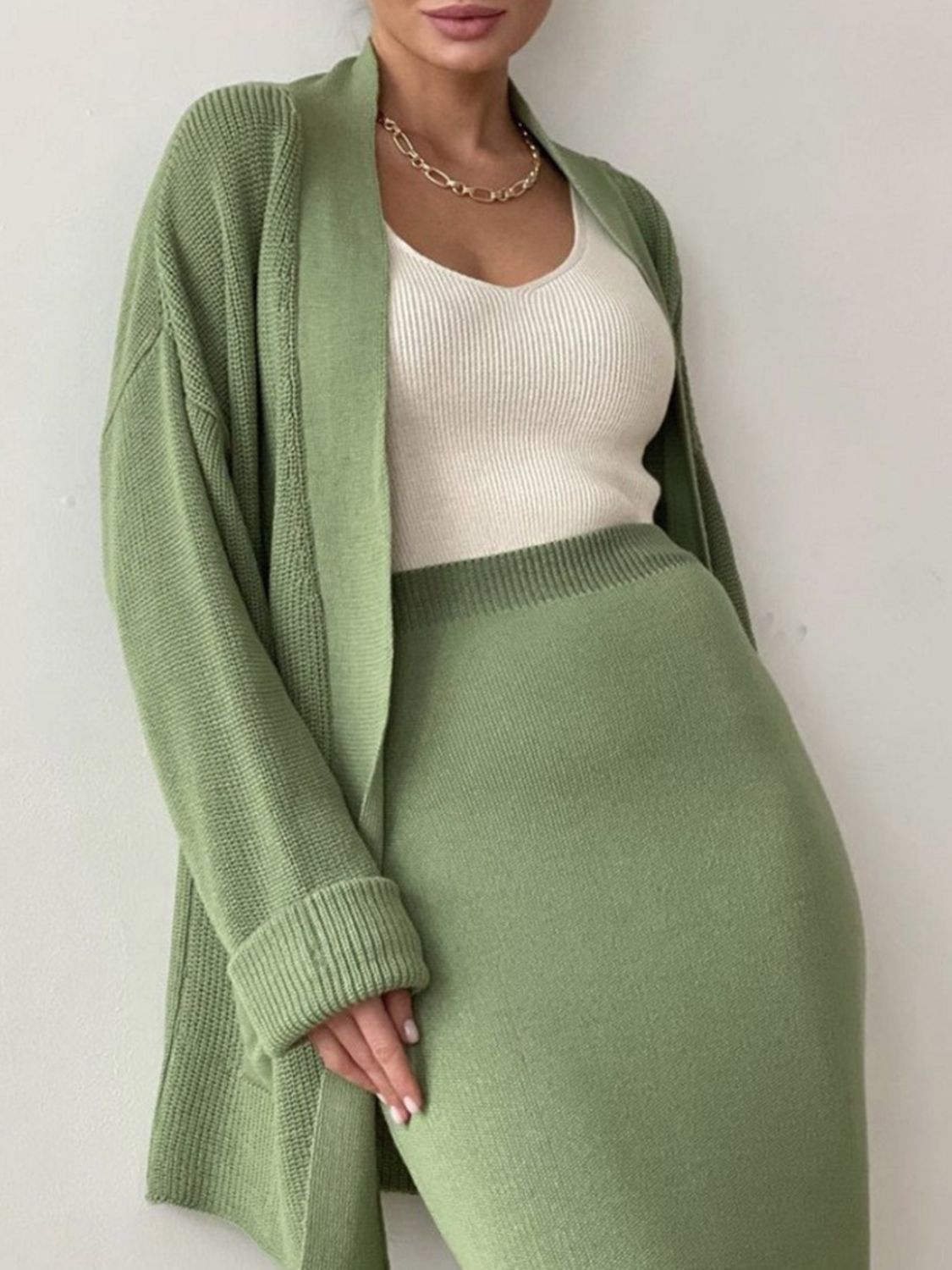 Pocketed Long Sleeve Cardigan and Skirt Sweater Set - felvior