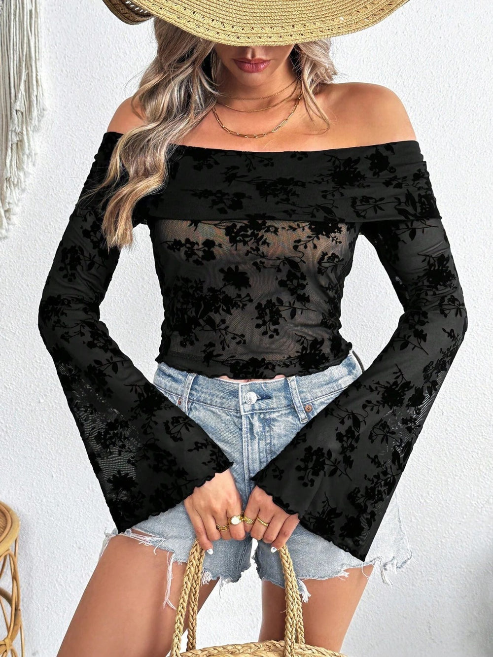 Off-Shoulder Flare Sleeve Lace Top - felvior