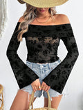 Off-Shoulder Flare Sleeve Lace Top - felvior