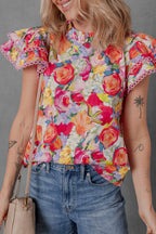 Lace Trim Ruffle Cap Sleeve Floral Blouse