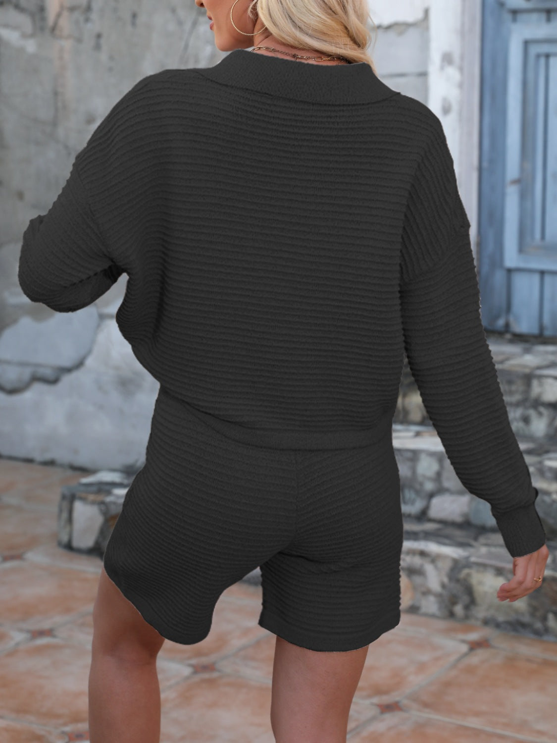 Johnny Collar Long Sleeve Top and Shorts Sweater Set - felvior