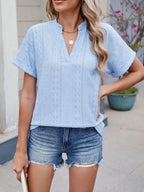 Eyelet Notched Short Sleeve Top