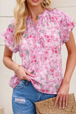 Floral Half Button Round Neck Short Sleeve Blouse - felvior