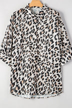Leopard Print Buttoned 3/4 Sleeve Loose Fit Shirt