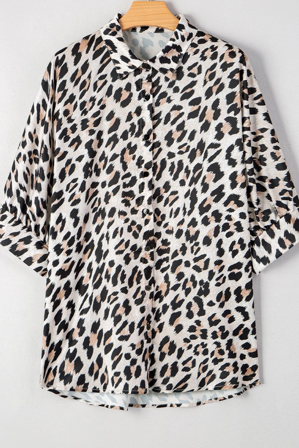 Leopard Print Buttoned 3/4 Sleeve Loose Fit Shirt