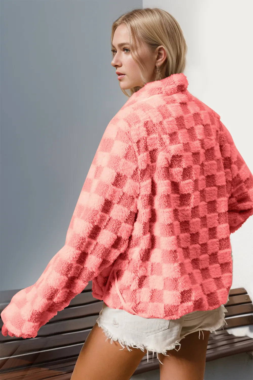 Double Take Checkered Long Sleeve Fuzzy Jacket Secondary image
