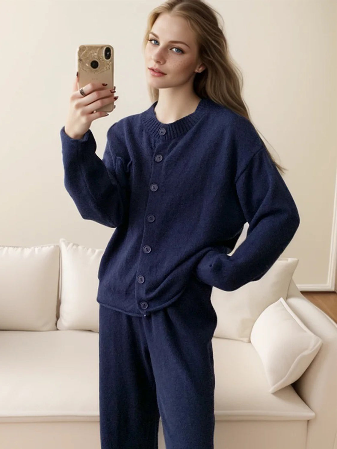 Pocketed Round Neck Button Up Cardigan and Pants Sweater Set - felvior
