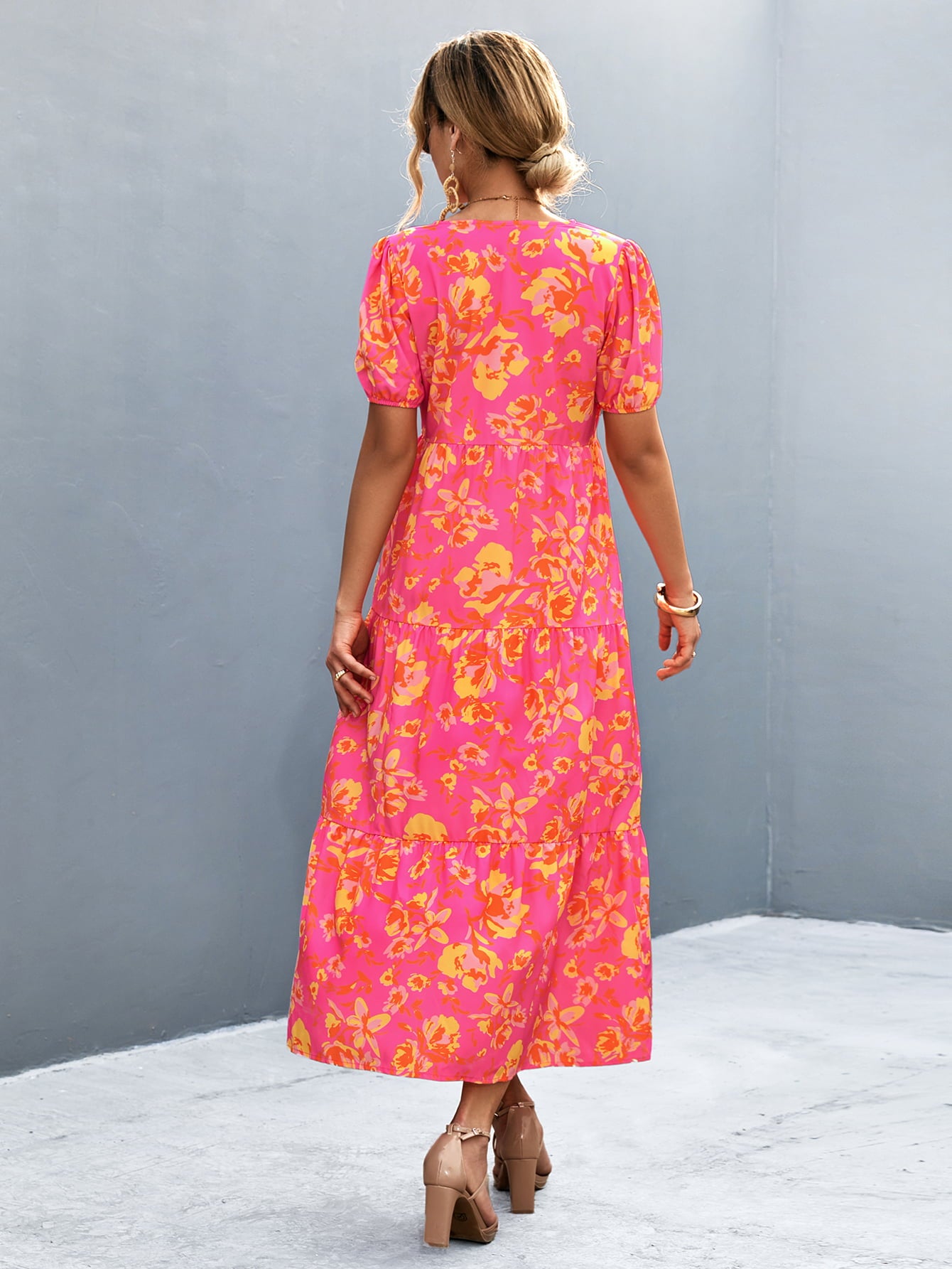 V-Neck Short Sleeve High Slit Midi Dress - felvior