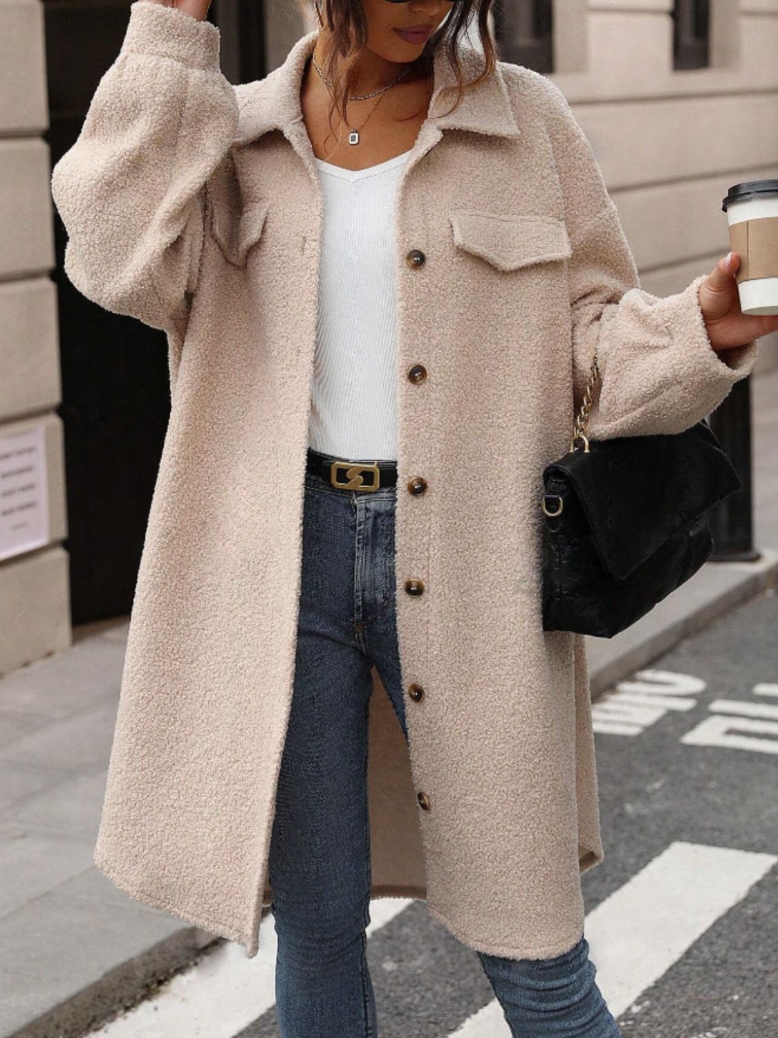 Button Up Drop Shoulder Sherpa Coat - felvior
