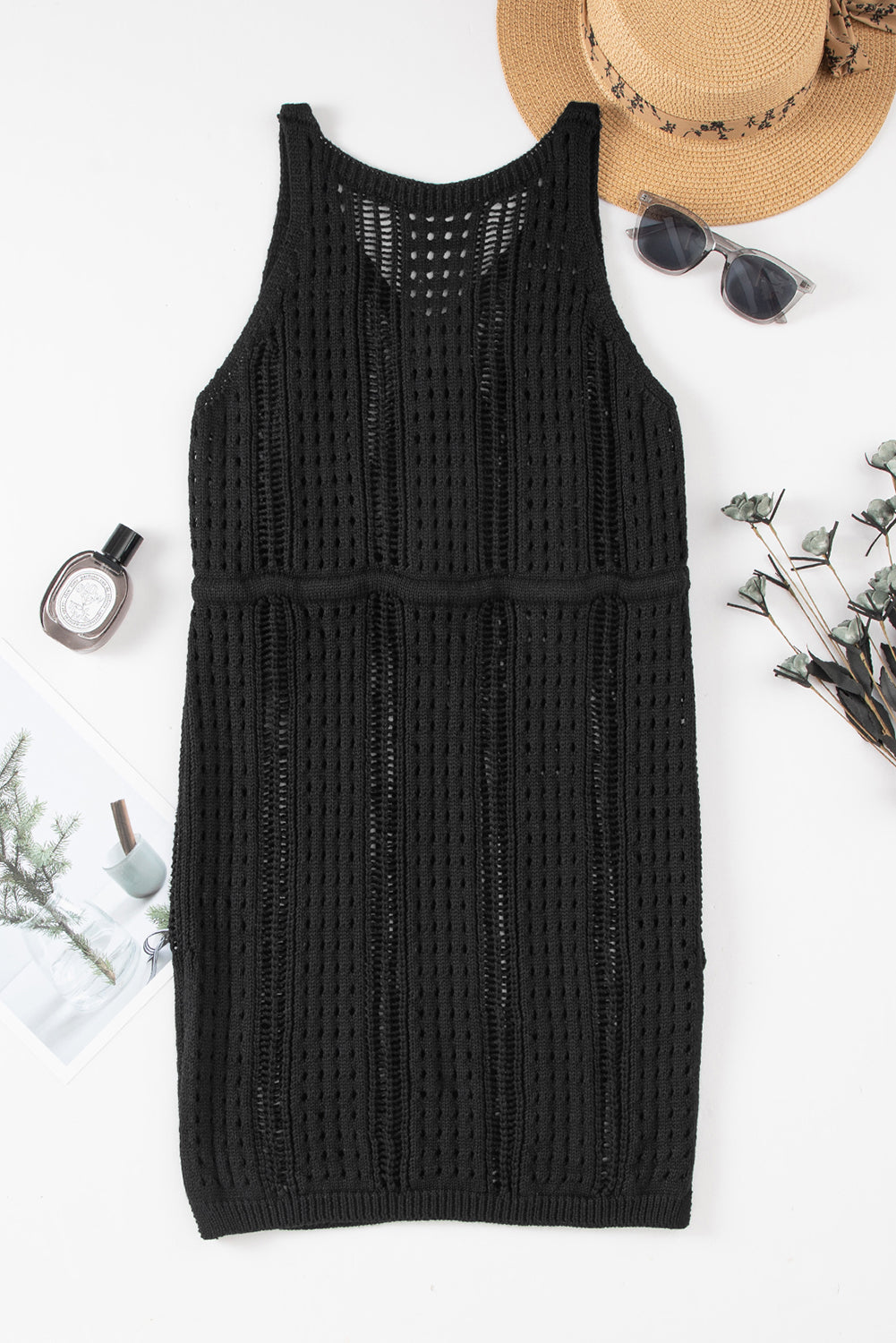 Openwork Slit V-Neck Sleeveless Cover Up Dress - felvior