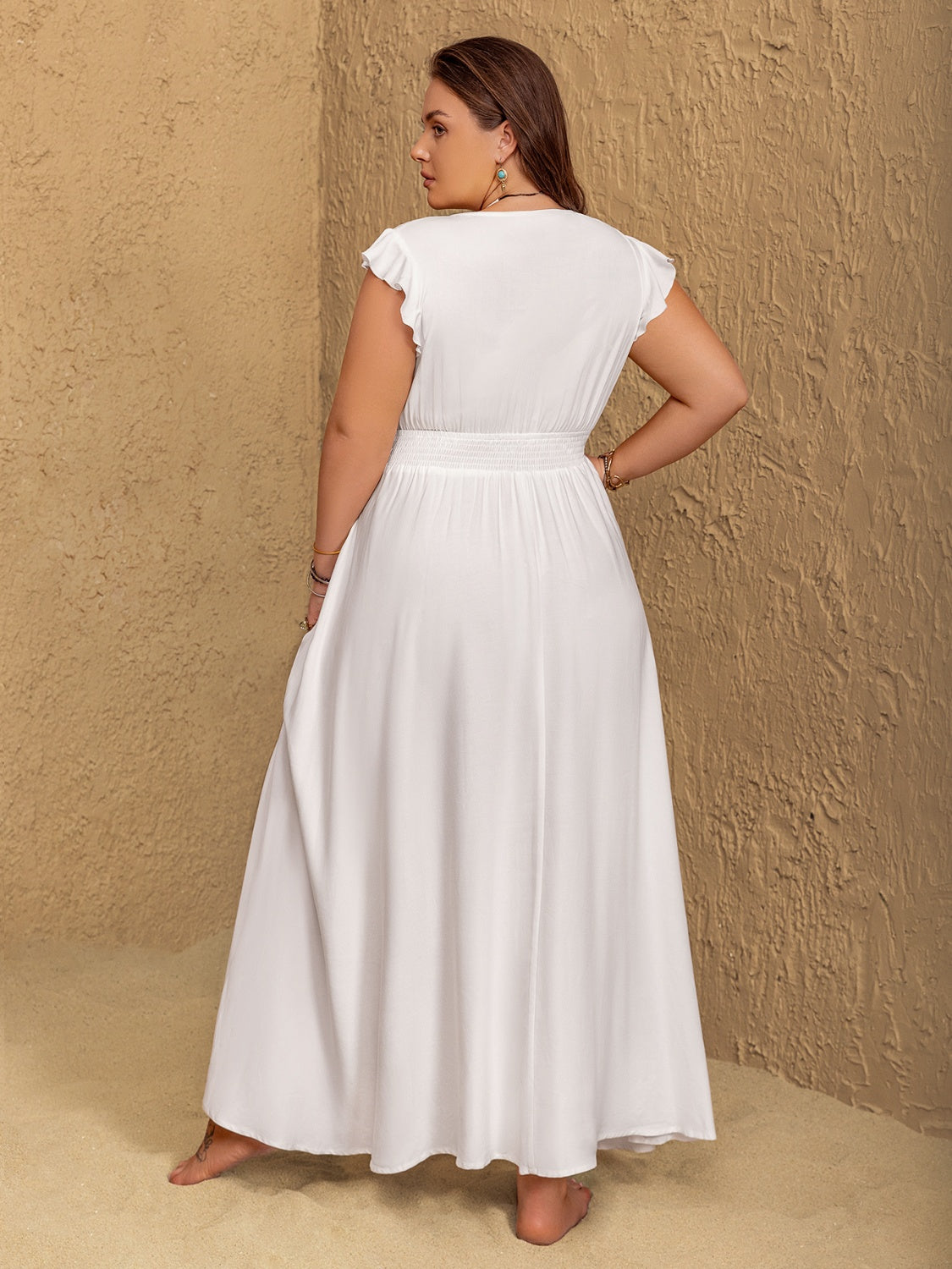 Plus Size Embroidered Floral V-Neck Cap Sleeve Maxi Dress - felvior