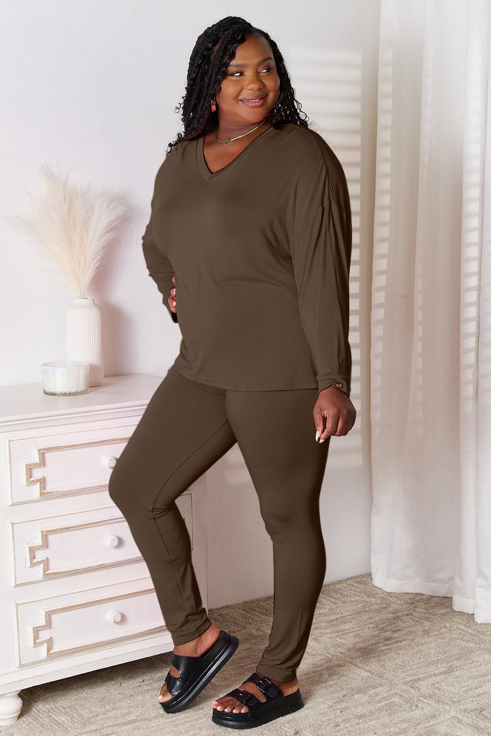Basic Bae Bamboo Full Size V-Neck Long Sleeve Top and Pants Lounge Set - felvior