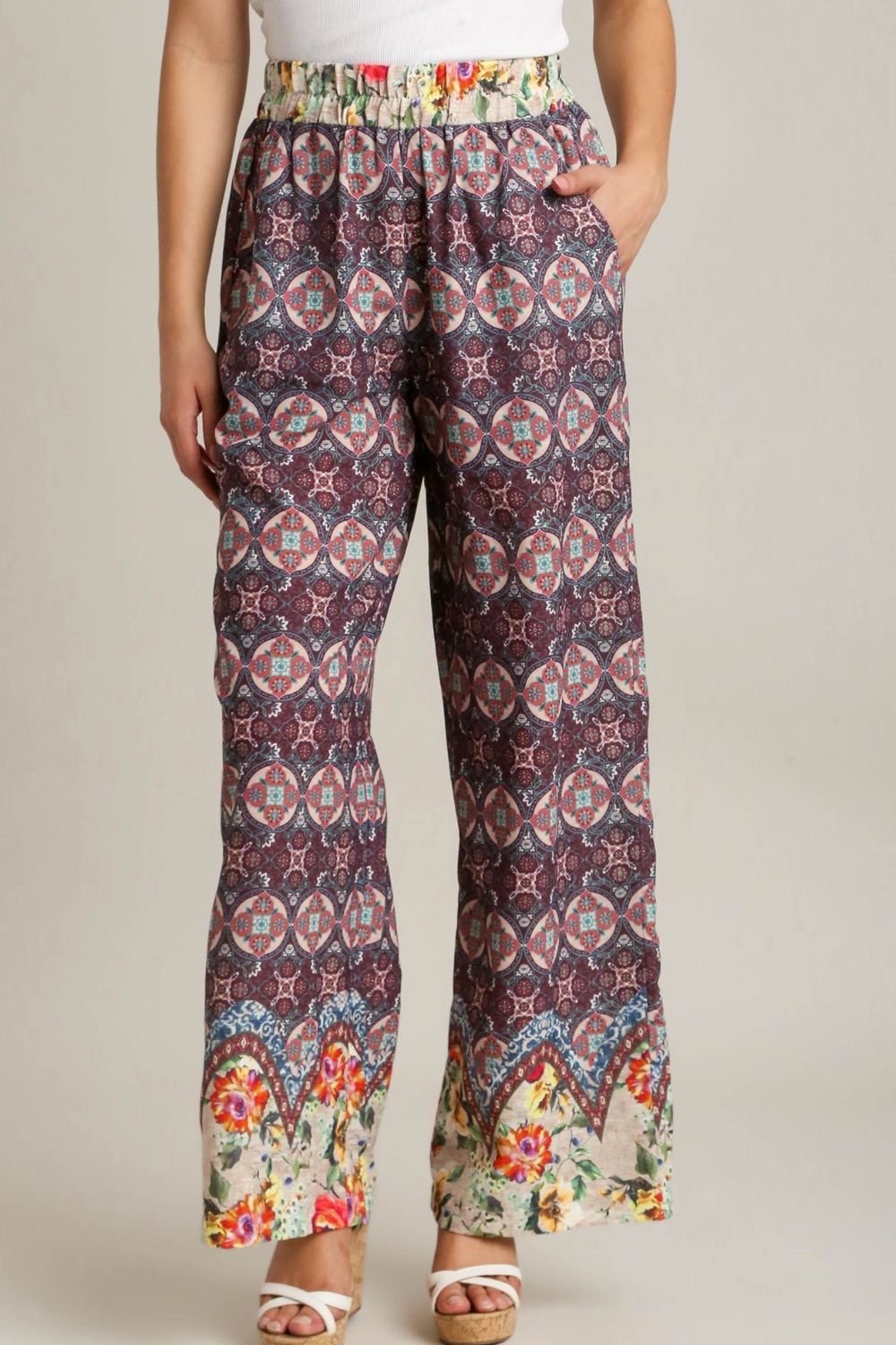 Umgee Full Size Mixed Print Elastic Waistband Pants Plus Size Main image