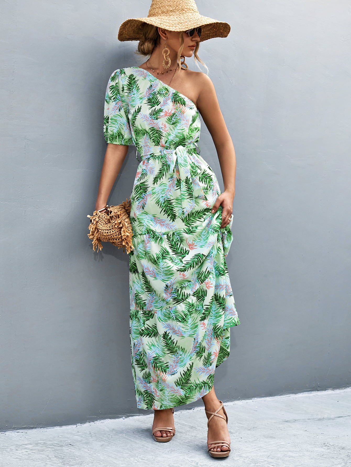 Printed Tie Waist One Shoulder Maxi Dress - felvior