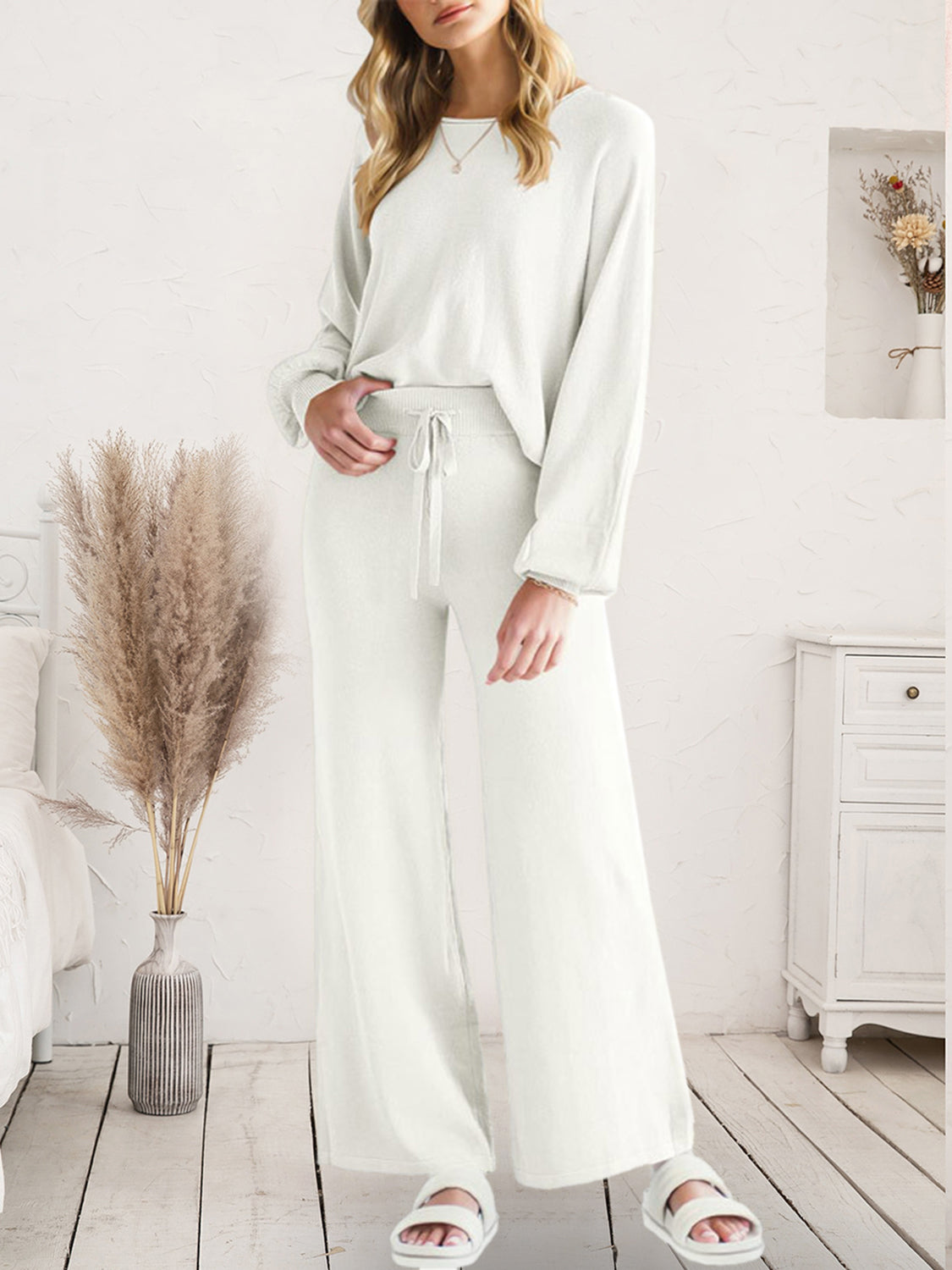 Long Sleeve Lounge Top and Drawstring Pants Set - felvior