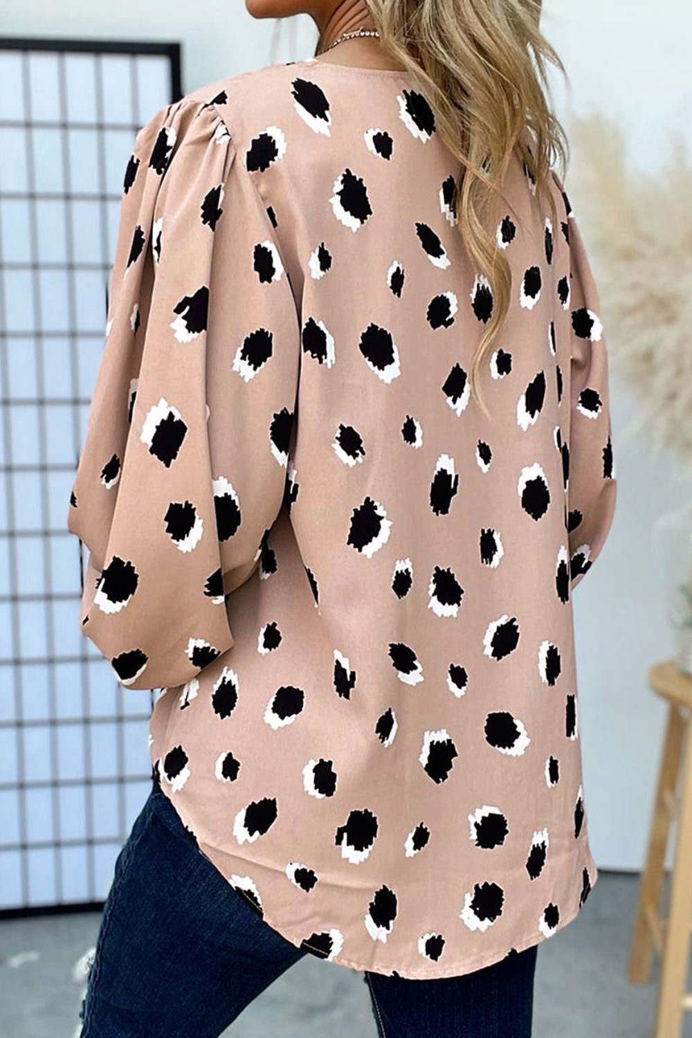 Contrast Animal Print V-Neck Long Sleeve Blouse - felvior