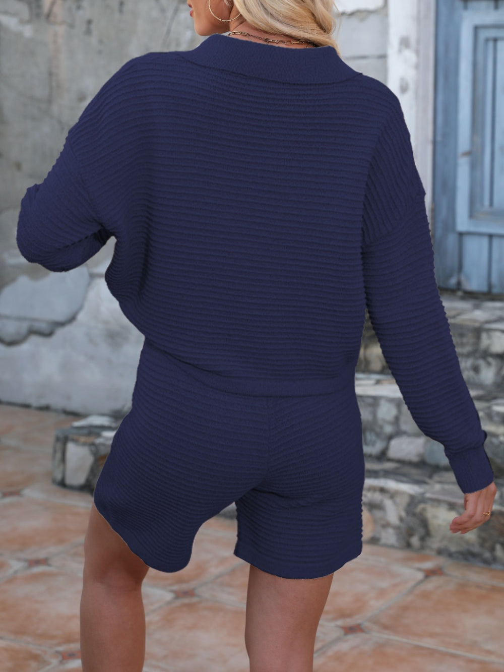 Johnny Collar Long Sleeve Top and Shorts Sweater Set