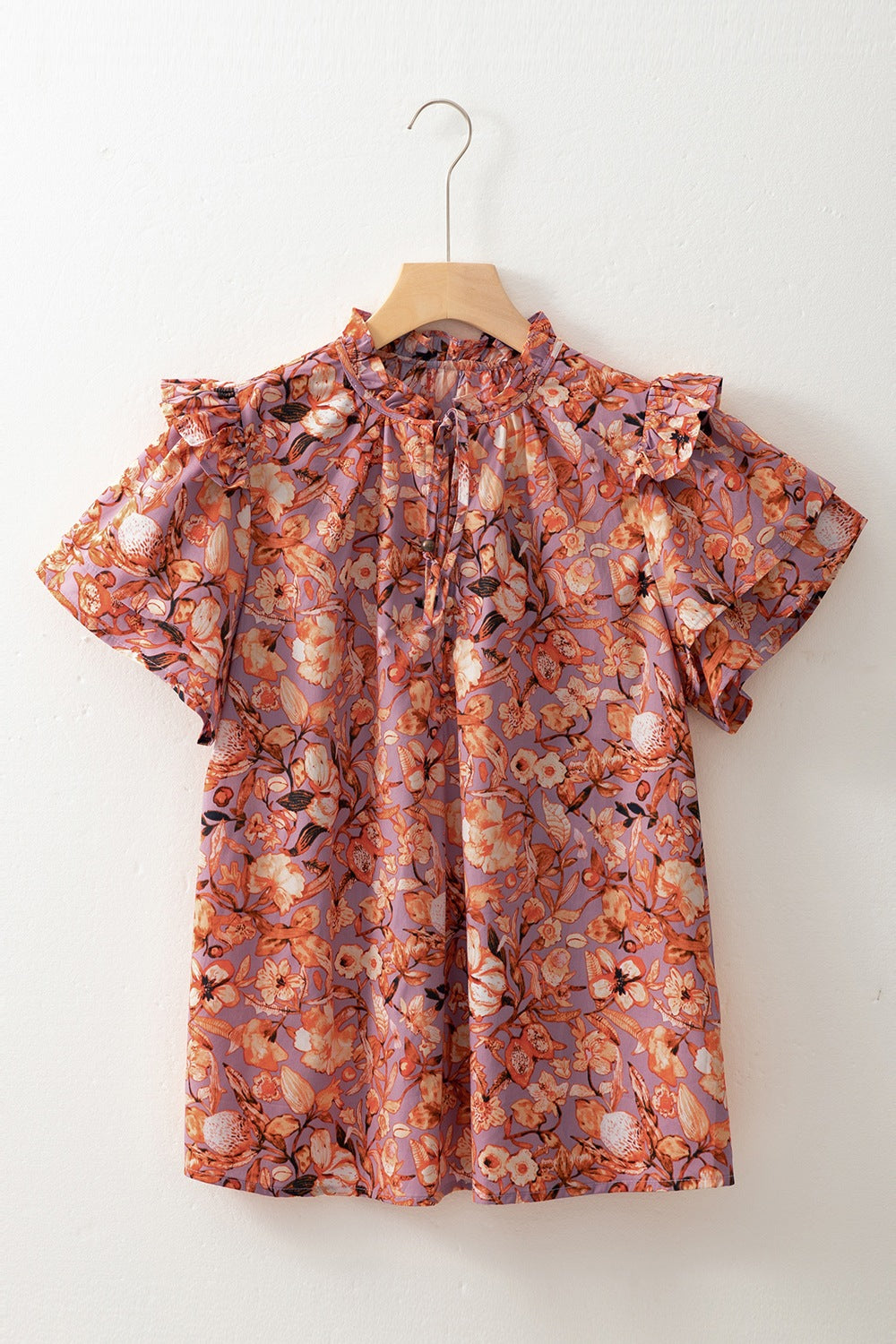 Floral Ruffled Layered Short Sleeve Tie Neck Blouse - felvior