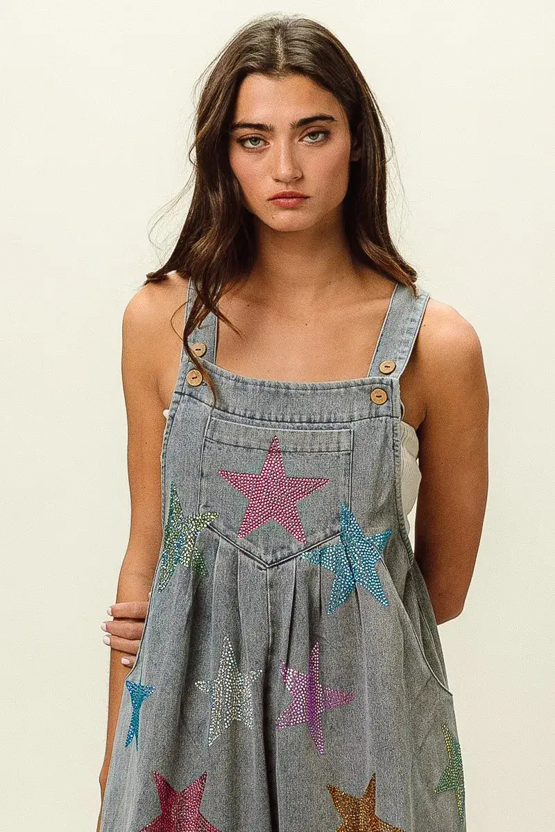 BiBi Star Rhinestone Washed Wide Leg Shortalls