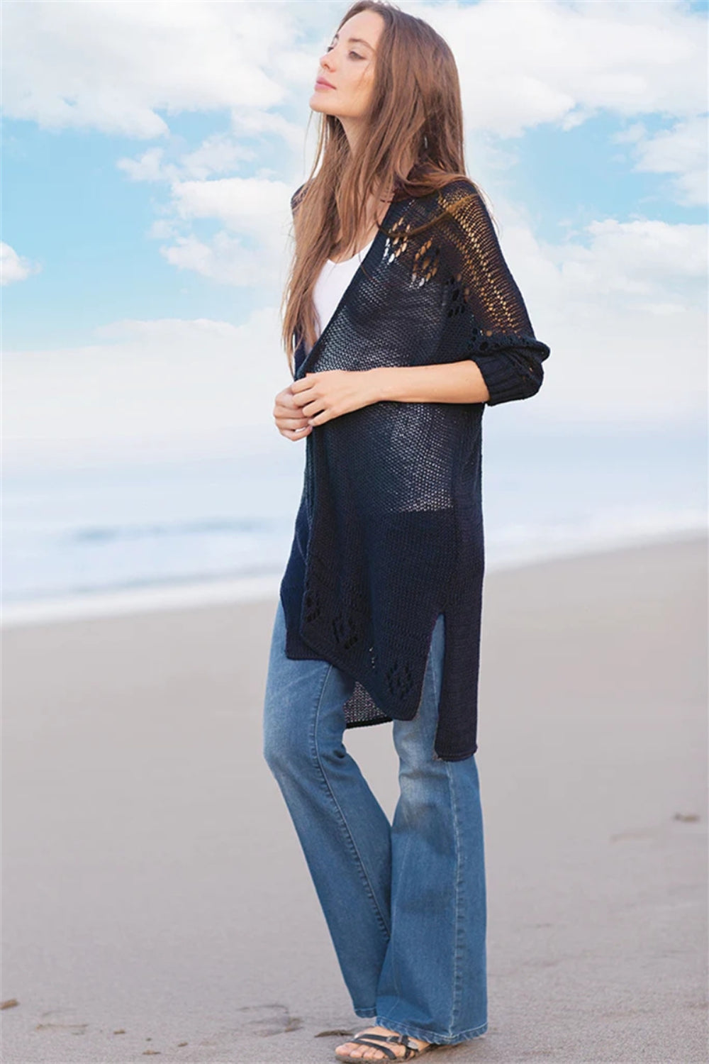 Openwork Side Slit Open Front Long Sleeve Cardigan - felvior