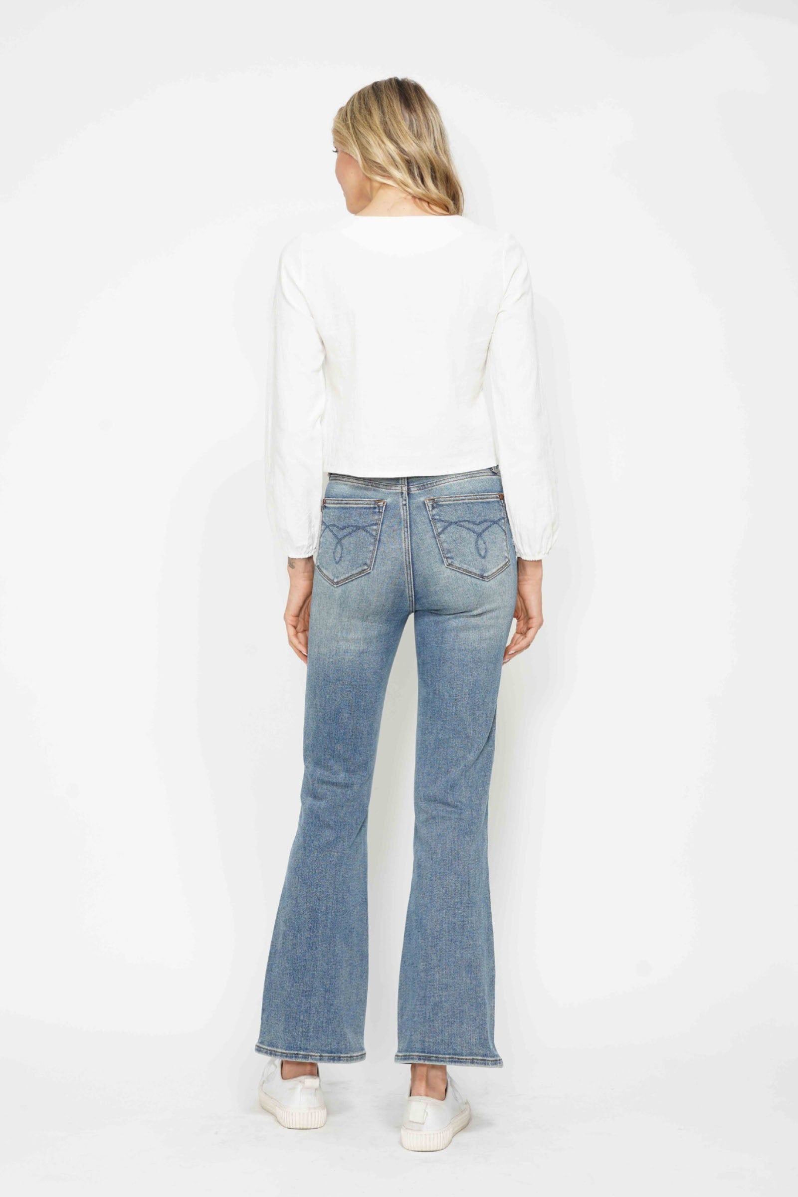 Judy Blue Full Size Tummy Control Back Embroidered Pocketed Bootcut Jeans Plus Size - felvior