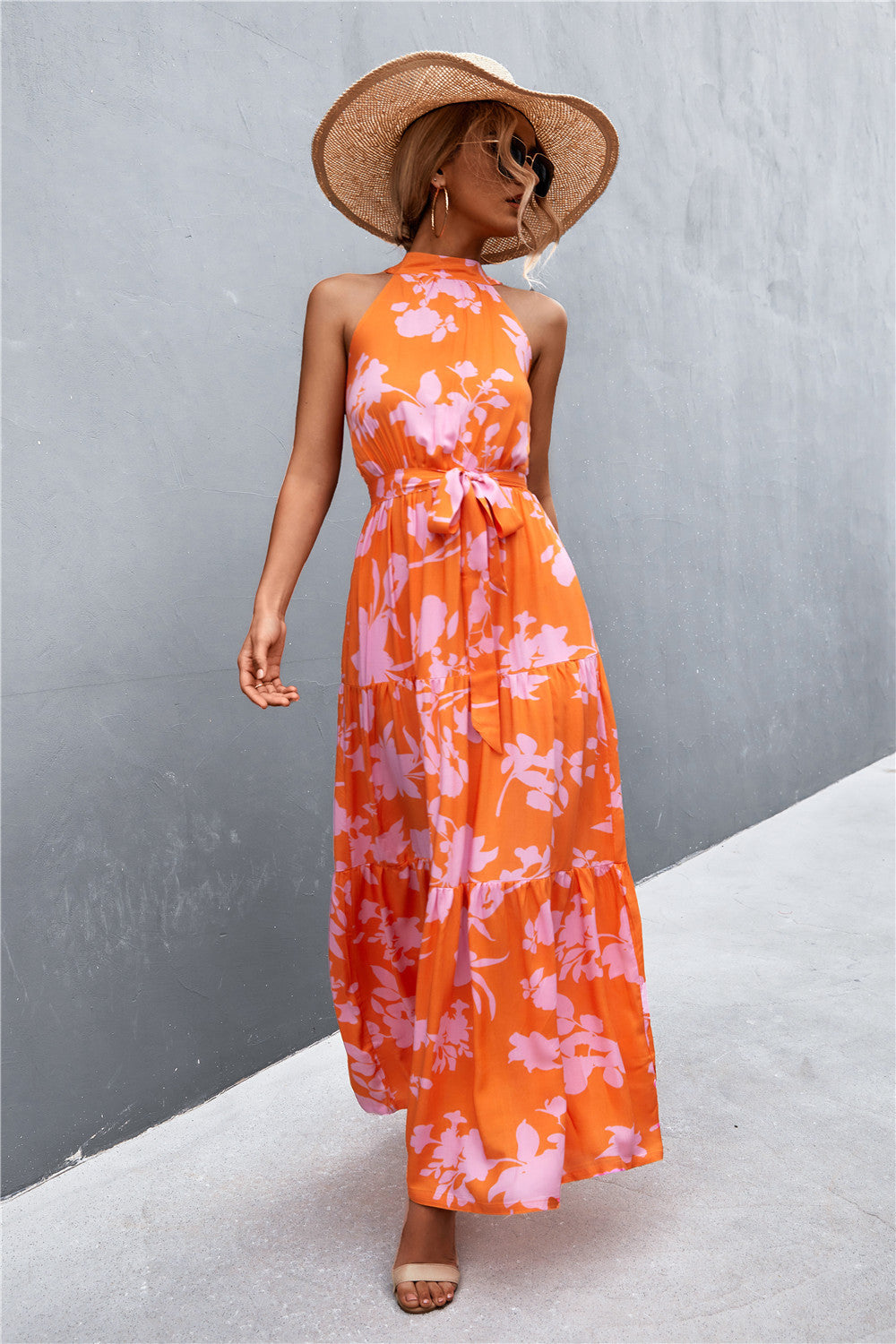 Printed Sleeveless Tie Waist Maxi Dress - felvior