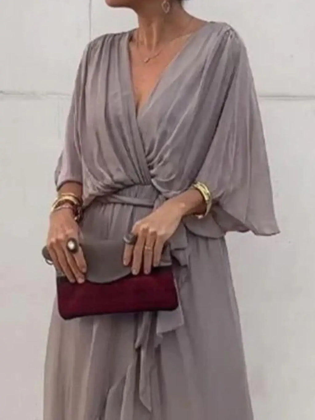 Full Size Flowy Tie Front Midi Dress with Flutter Sleeves Plus Size