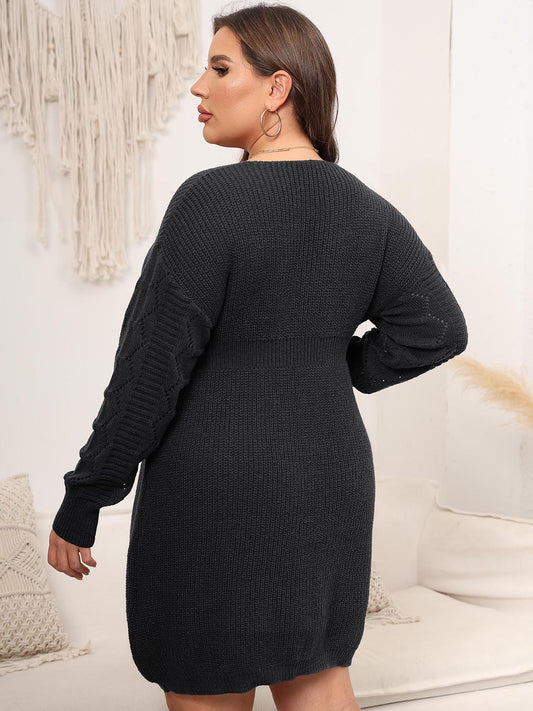 Plus Size Dropped Shoulder Long Sleeve Knit Mini Dress - felvior