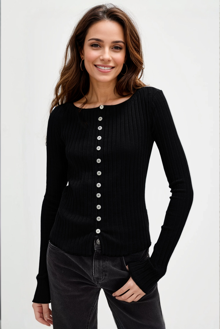 Basic Bae Texture Button Up Round Neck Long Sleeve Top - felvior