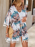 Tassel Tied Printed Half Sleeve Cover Up - felvior