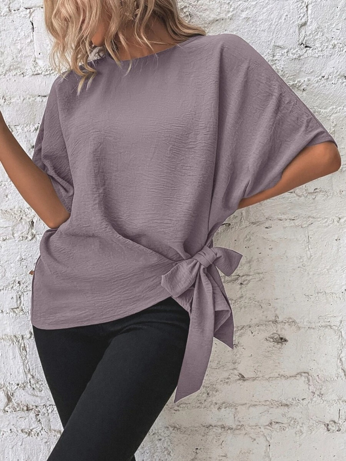 Knotted Round Neck Half Sleeve Blouse - felvior