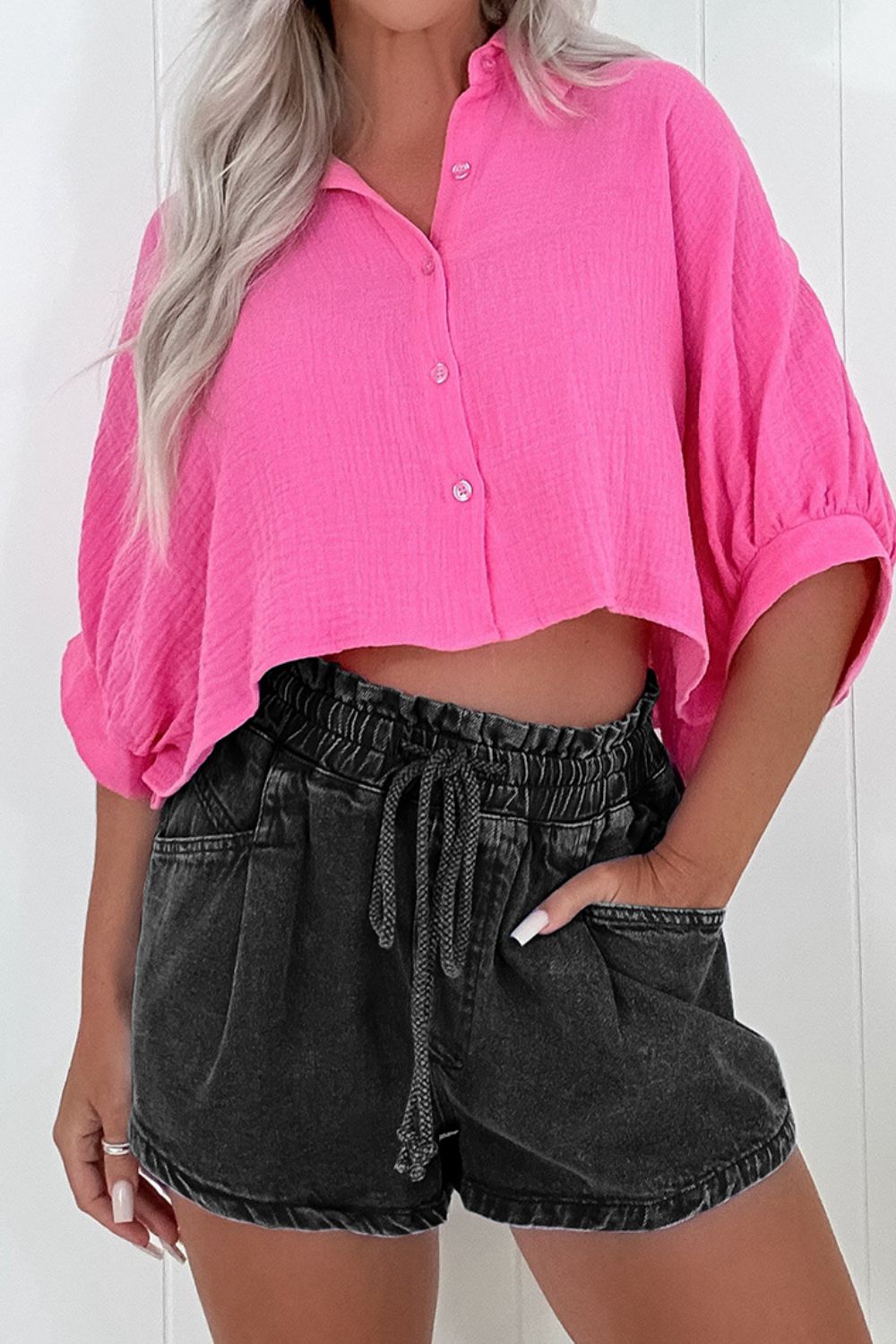 Drawstring High Waist Denim Shorts with Pockets - felvior