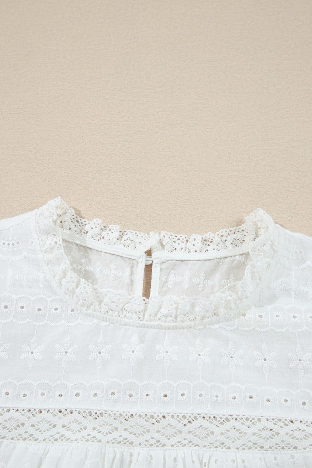 Lace Round Neck Flutter Sleeve Eyelet Blouse - felvior