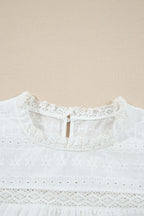 Lace Round Neck Flutter Sleeve Eyelet Blouse