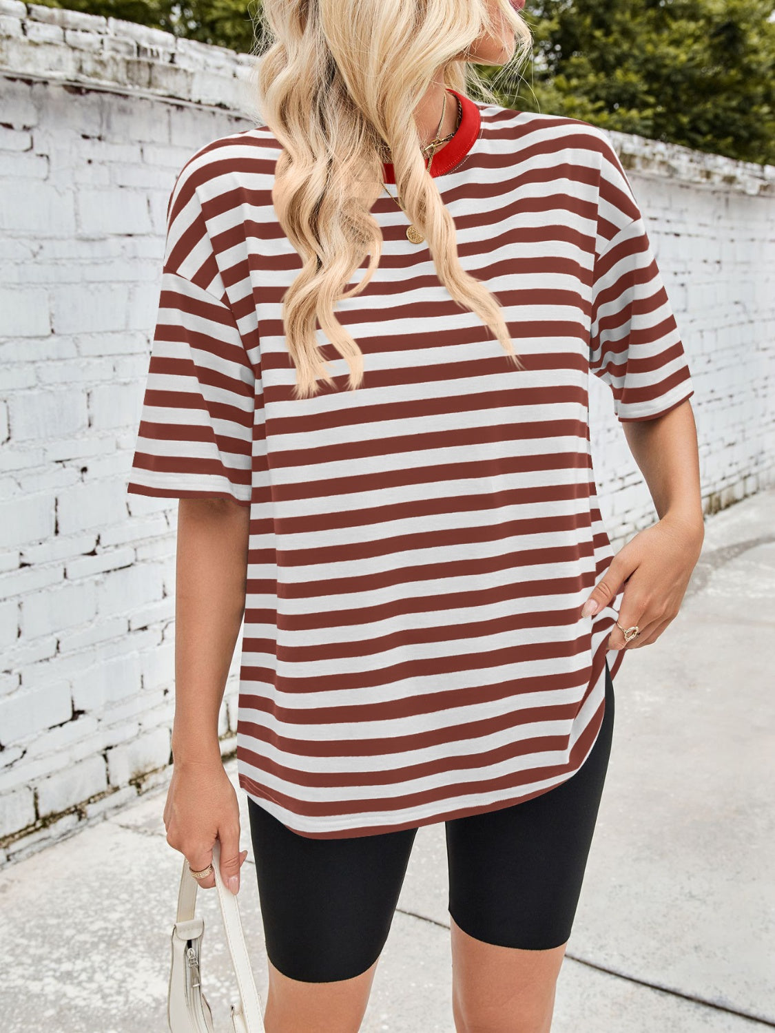 Lovelet Striped Round Neck Half Sleeve T-Shirt - felvior