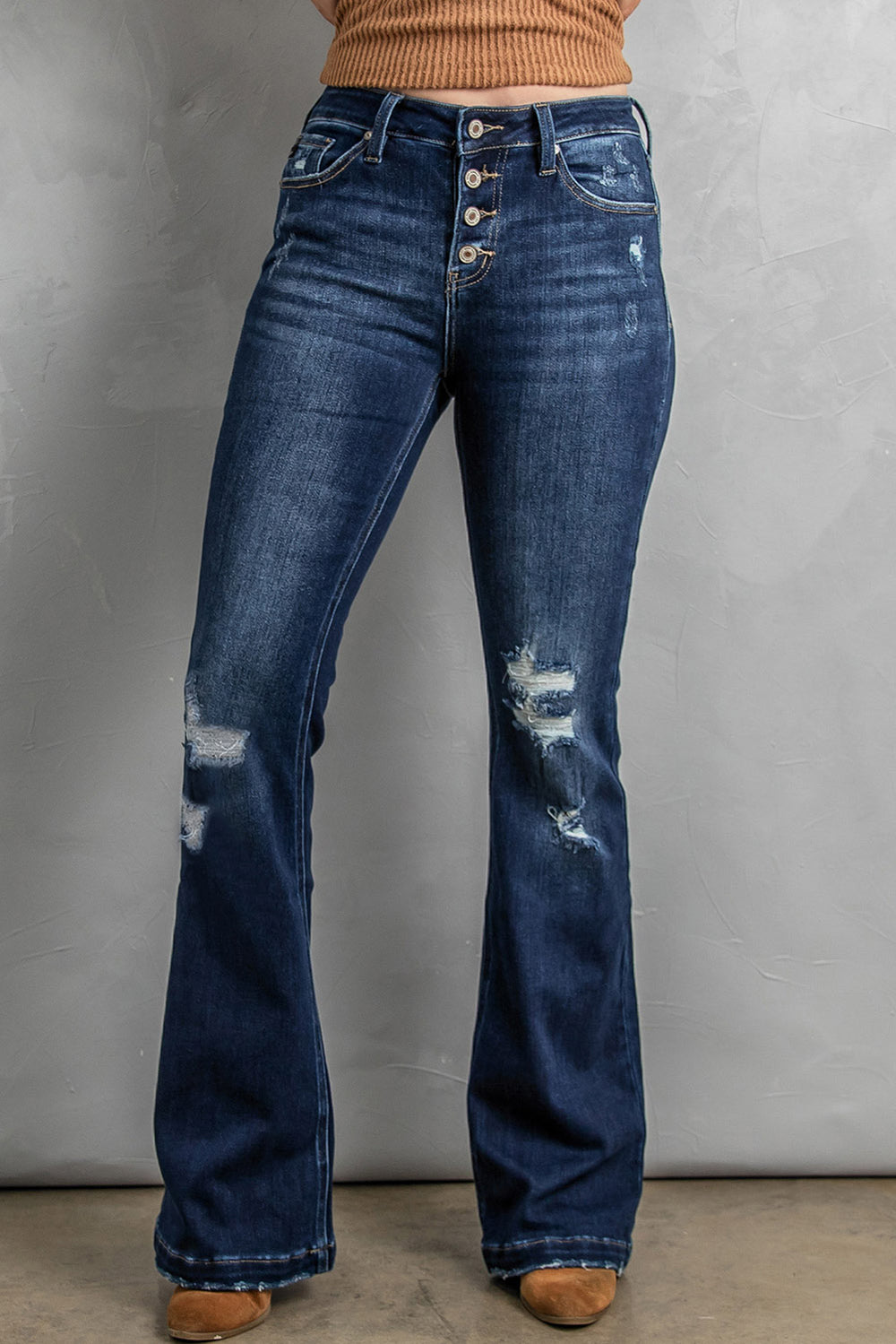 Button Fly Distressed Bootcut Jeans - felvior