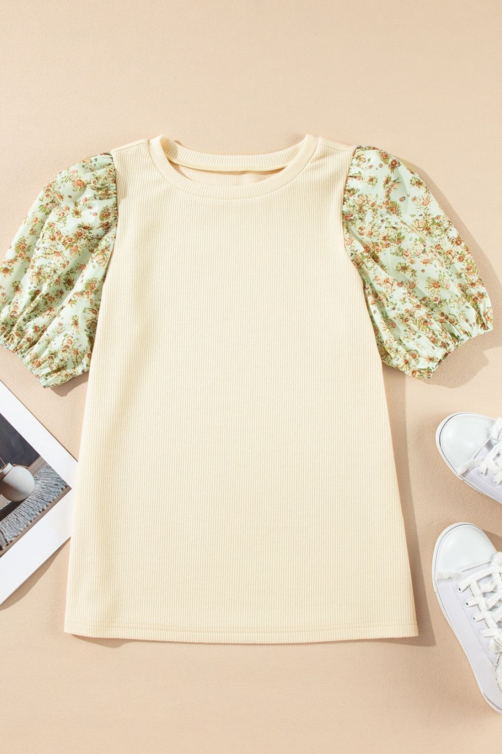 Floral Puff Sleeve Ribbed Blouse - felvior