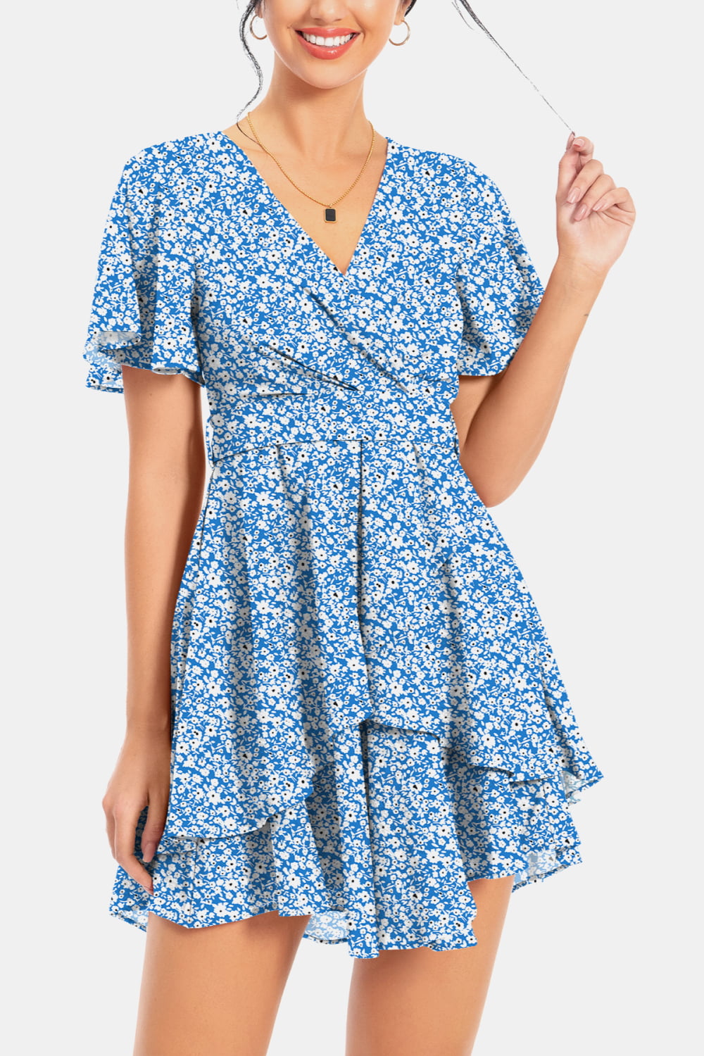 Surplice Neck Flutter Sleeve Dress - felvior