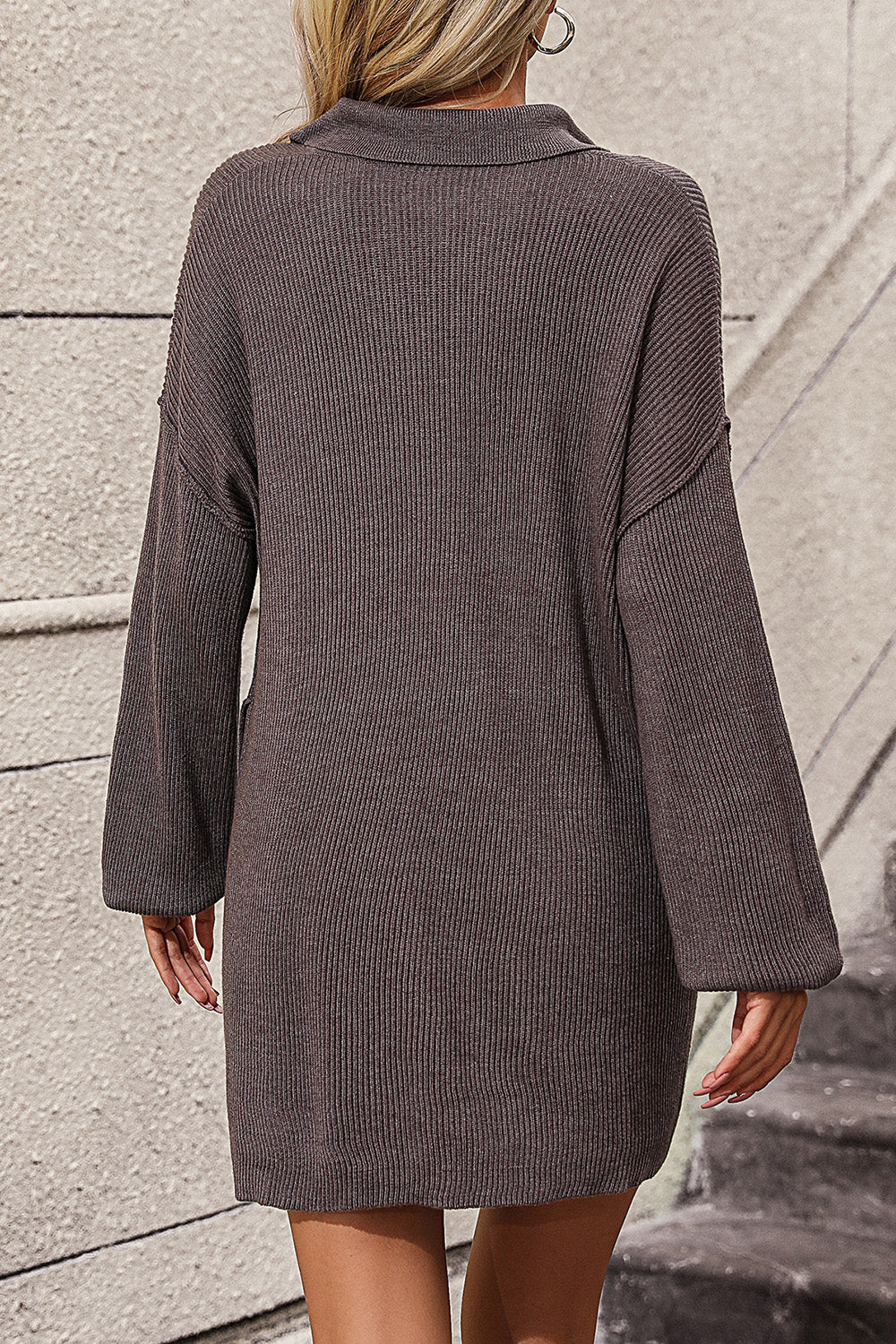 Collared Neck Long Sleeve Sweater Dress with Pockets - felvior