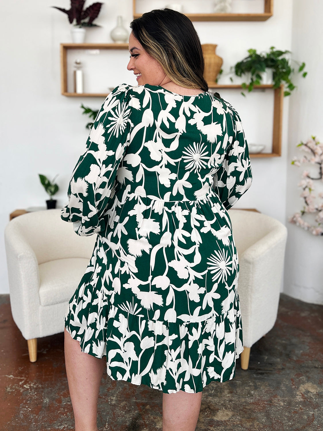 Double Take Full Size Printed Ruffle Hem Dress with Pocket - felvior