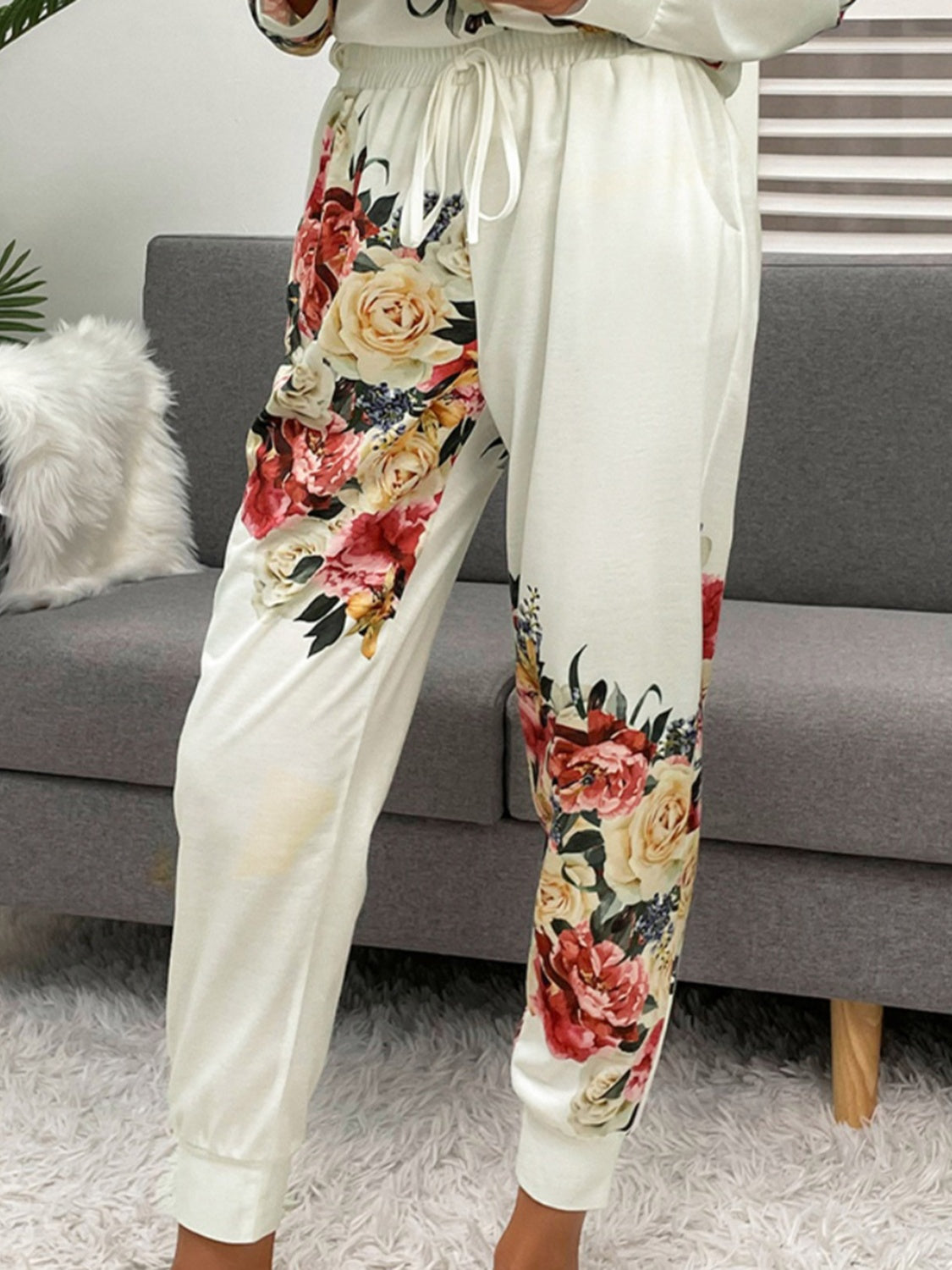 Shiny Printed Round Neck Top and Pants Lounge Set - felvior